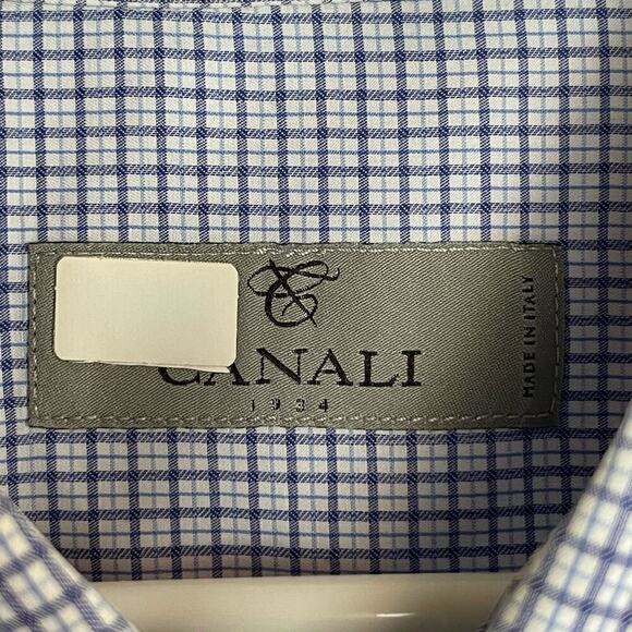 Canali 1934 Shirt Men's 43 17 Blue Gray Long Sleeve Button Up Plaid Italy - Picture 7 of 8